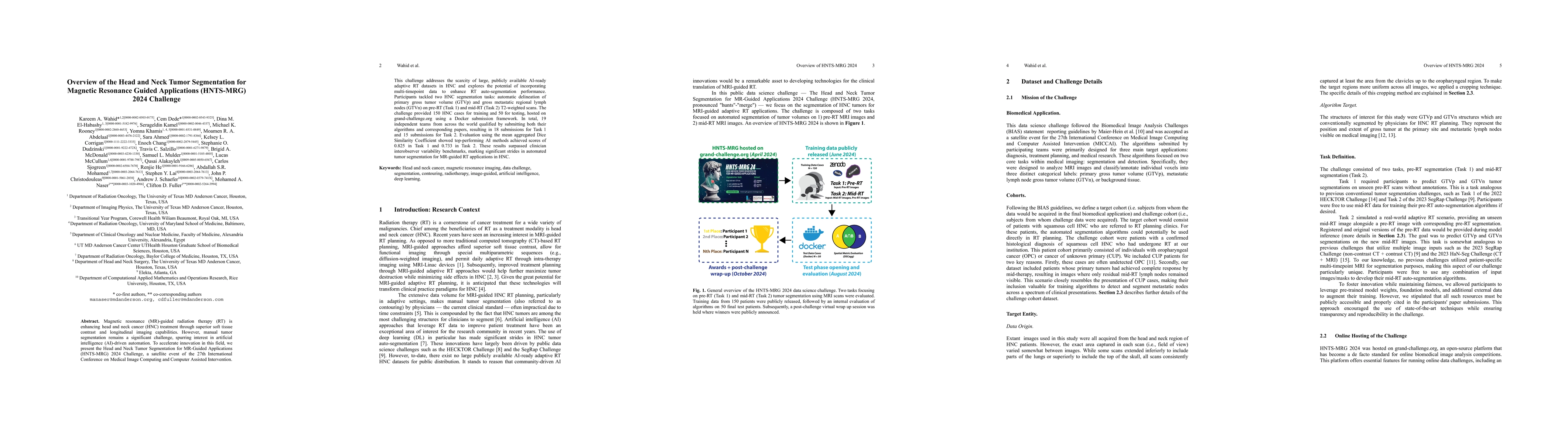 Thumbnail for Overview of the Head and Neck Tumor Segmentation for Magnetic Resonance
  Guided Applications (HNTS-MRG) 2024 Challenge