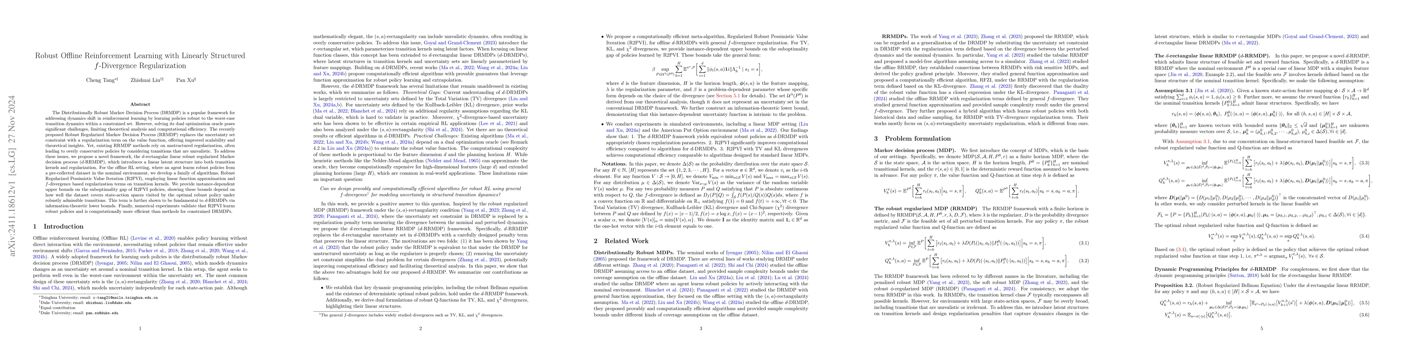 Thumbnail for Robust Offline Reinforcement Learning with Linearly Structured
  $f$-Divergence Regularization