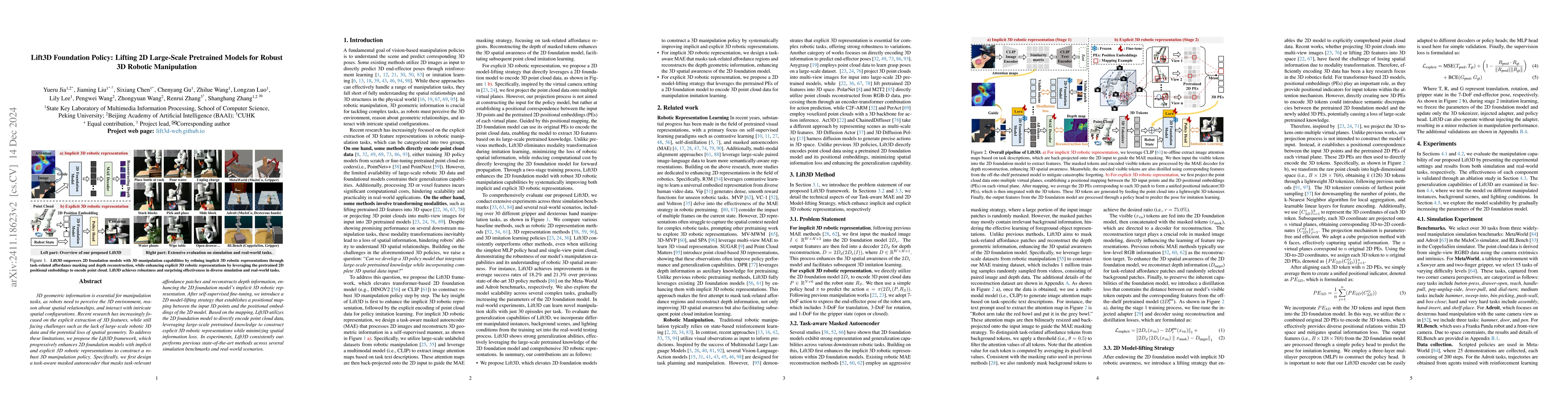 Thumbnail for Lift3D Foundation Policy: Lifting 2D Large-Scale Pretrained Models for
  Robust 3D Robotic Manipulation