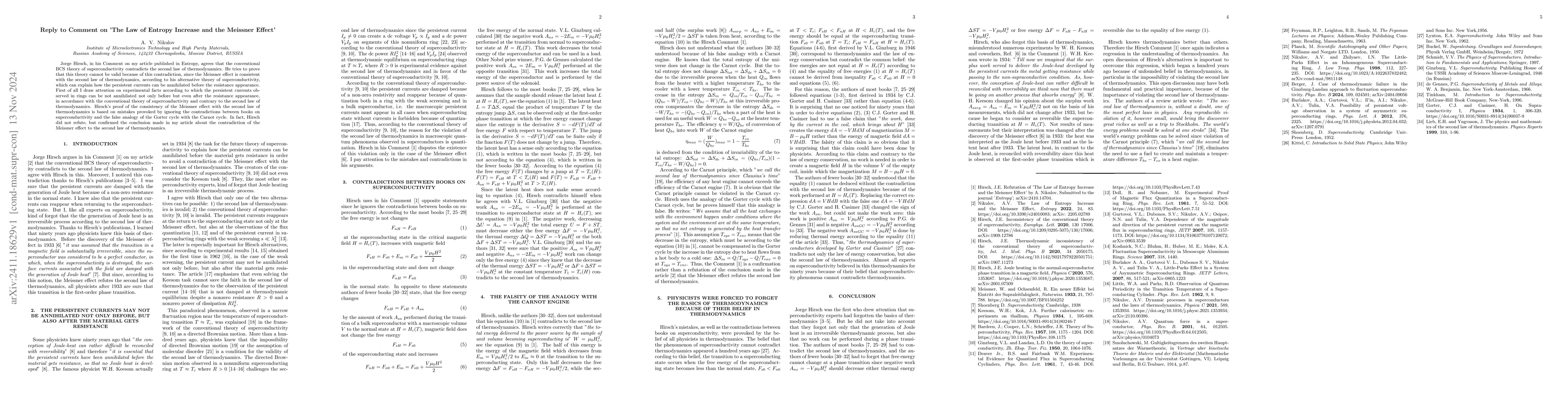 Thumbnail for Reply to Comment on 'The Law of Entropy Increase and the Meissner
  Effect'