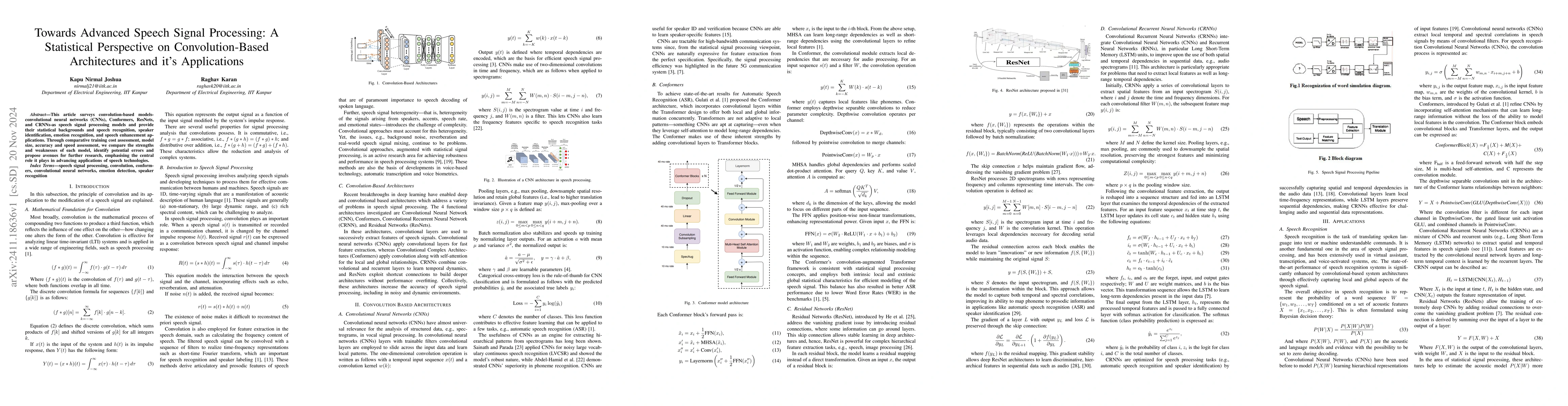 Thumbnail for Towards Advanced Speech Signal Processing: A Statistical Perspective on
  Convolution-Based Architectures and its Applications