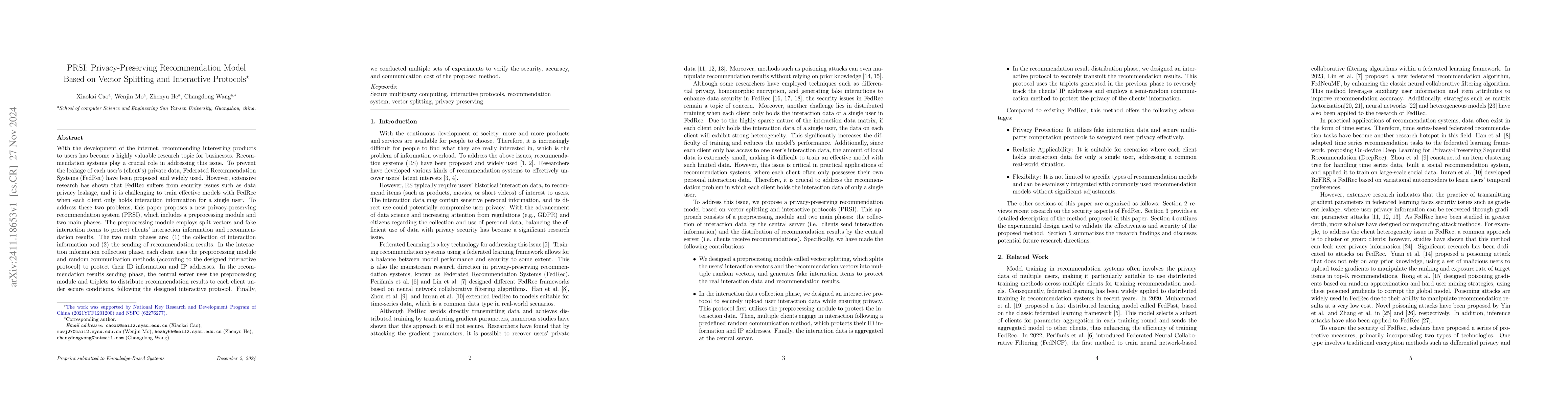 Thumbnail for PRSI: Privacy-Preserving Recommendation Model Based on Vector Splitting
  and Interactive Protocols