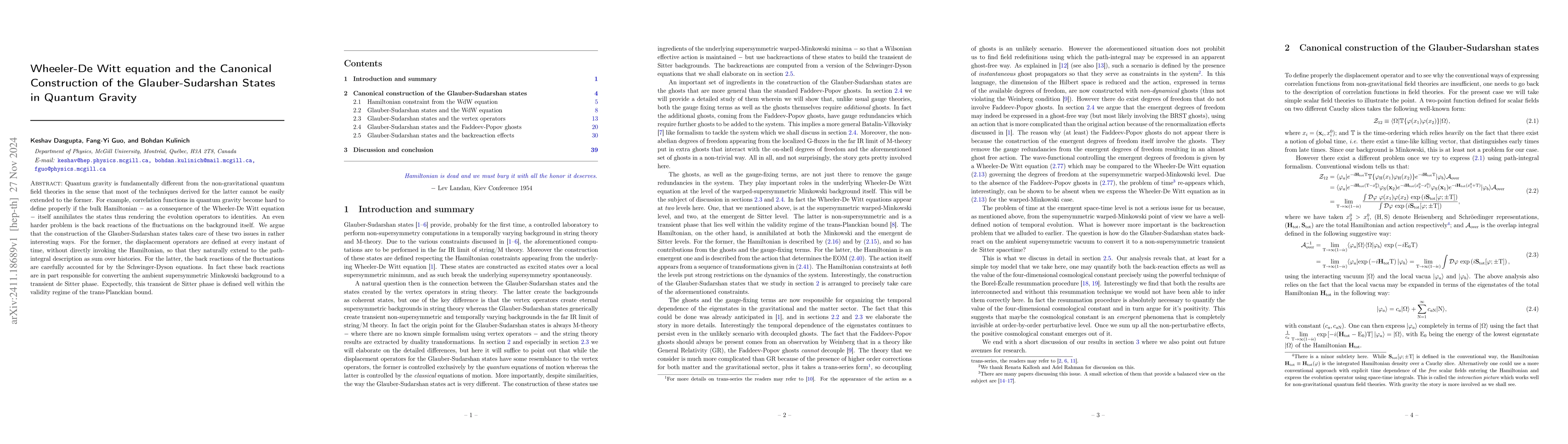 Thumbnail for Wheeler-De Witt equation and the Canonical Construction of the
  Glauber-Sudarshan States in Quantum Gravity