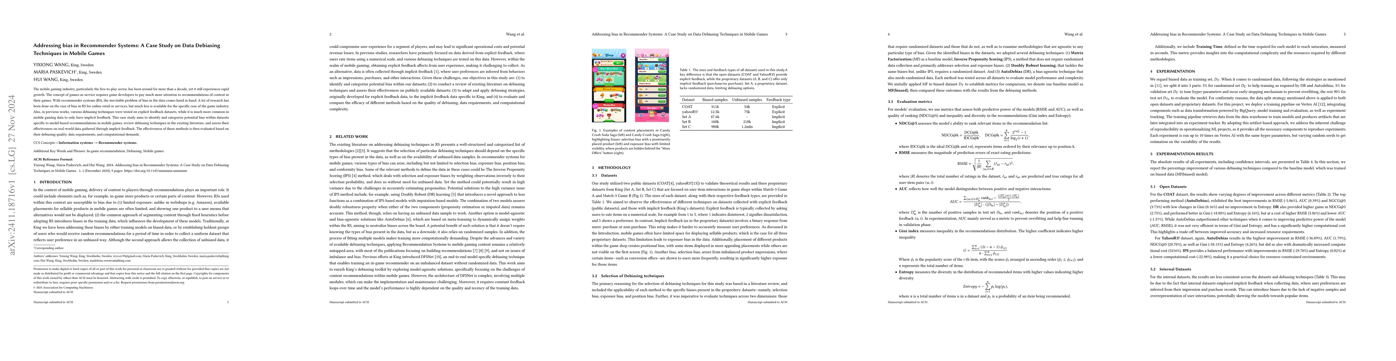 Thumbnail for Addressing bias in Recommender Systems: A Case Study on Data Debiasing
  Techniques in Mobile Games