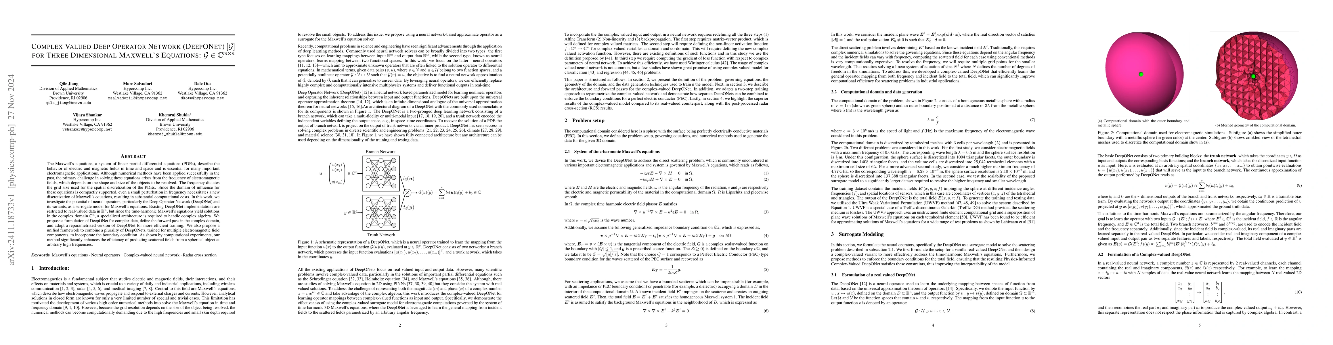 Thumbnail for Complex Valued Deep Operator Network (DeepONet) $[\mathcal{G}]$ for
  Three Dimensional Maxwell's Equations: $\mathcal{G} \in \mathbb{C}^{m \times
  n}$