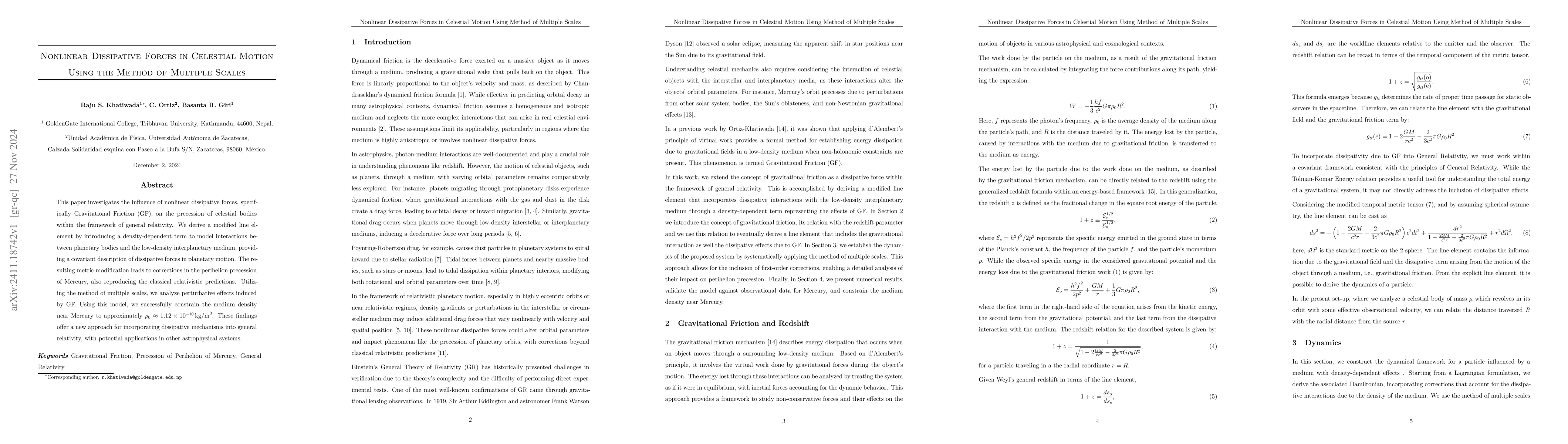 Thumbnail for Nonlinear Dissipative Forces in Celestial Motion Using the Method of
  Multiple Scales