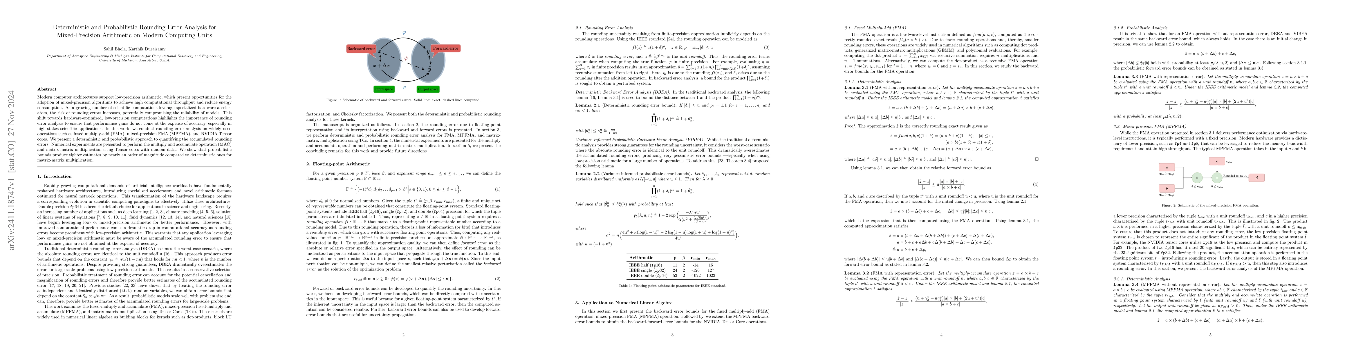 Thumbnail for Deterministic and Probabilistic Rounding Error Analysis for
  Mixed-Precision Arithmetic on Modern Computing Units
