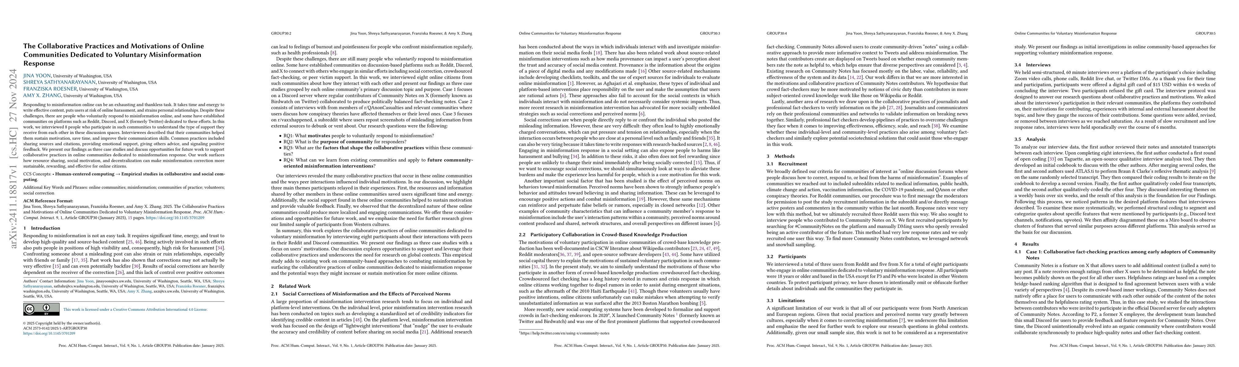Thumbnail for The Collaborative Practices and Motivations of Online Communities
  Dedicated to Voluntary Misinformation Response
