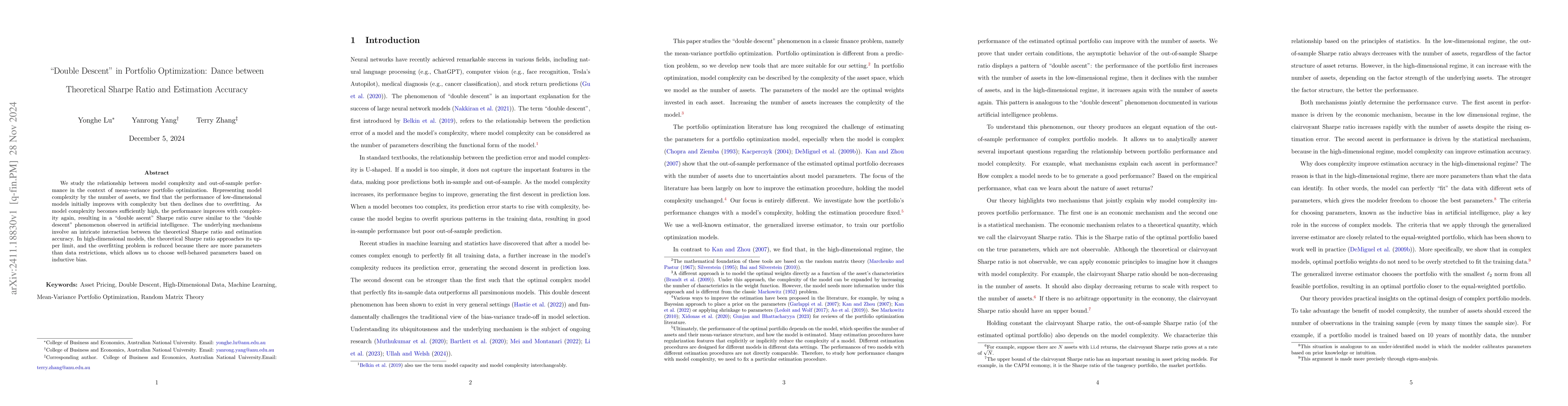 Thumbnail for Double Descent in Portfolio Optimization: Dance between Theoretical
  Sharpe Ratio and Estimation Accuracy