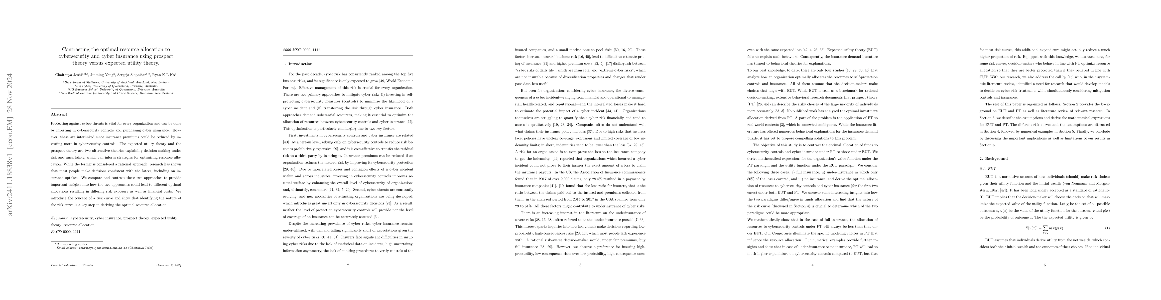 Thumbnail for Contrasting the optimal resource allocation to cybersecurity and cyber
  insurance using prospect theory versus expected utility theory