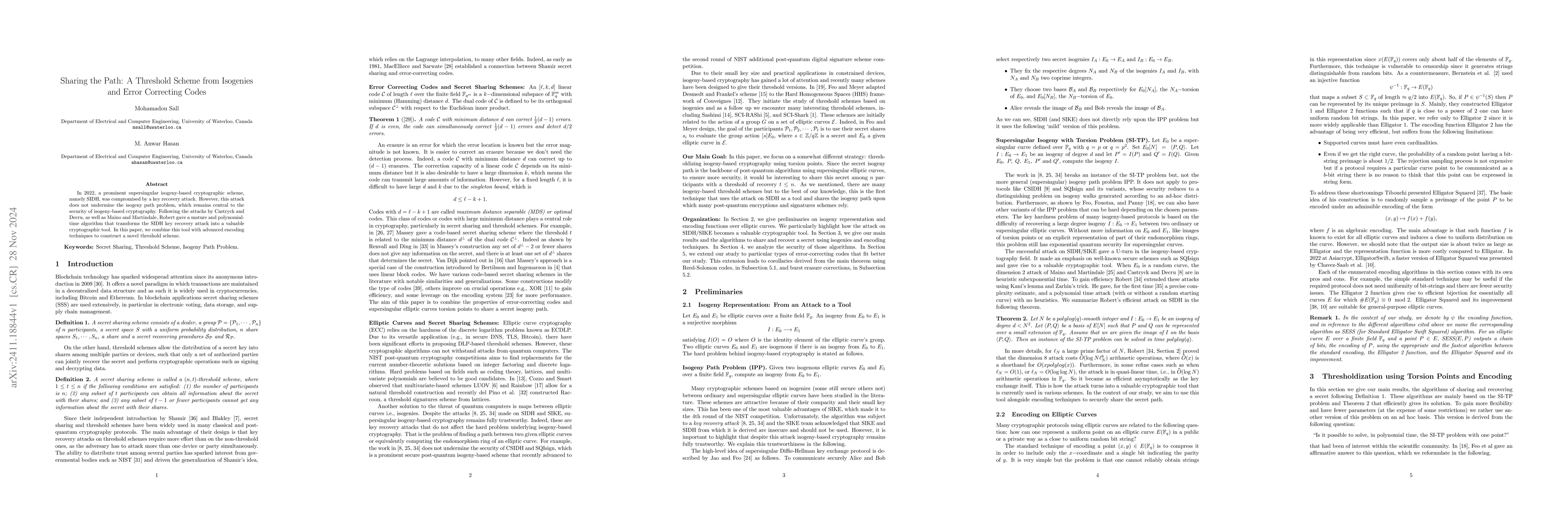 Thumbnail for Sharing the Path: A Threshold Scheme from Isogenies and Error Correcting
  Codes