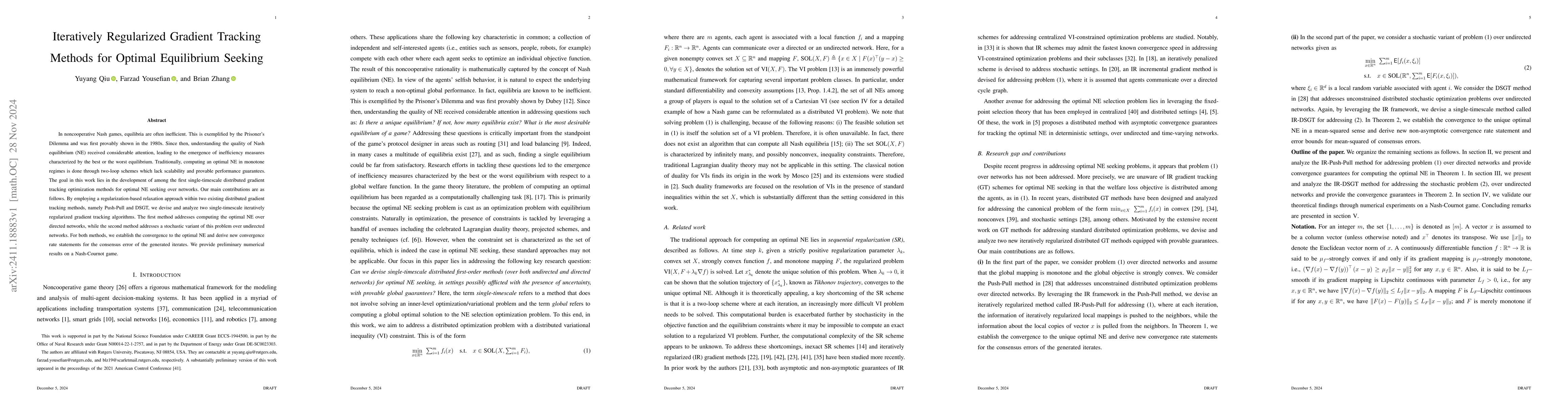 Thumbnail for Iteratively Regularized Gradient Tracking Methods for Optimal
  Equilibrium Seeking