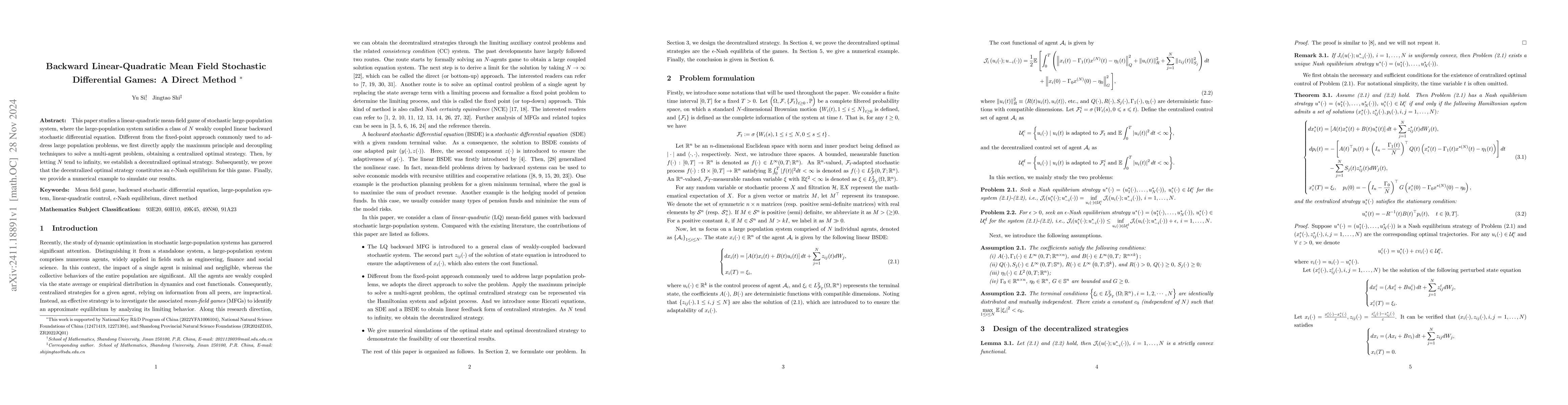 Thumbnail for Backward Linear-Quadratic Mean Field Stochastic Differential Games: A
  Direct Method