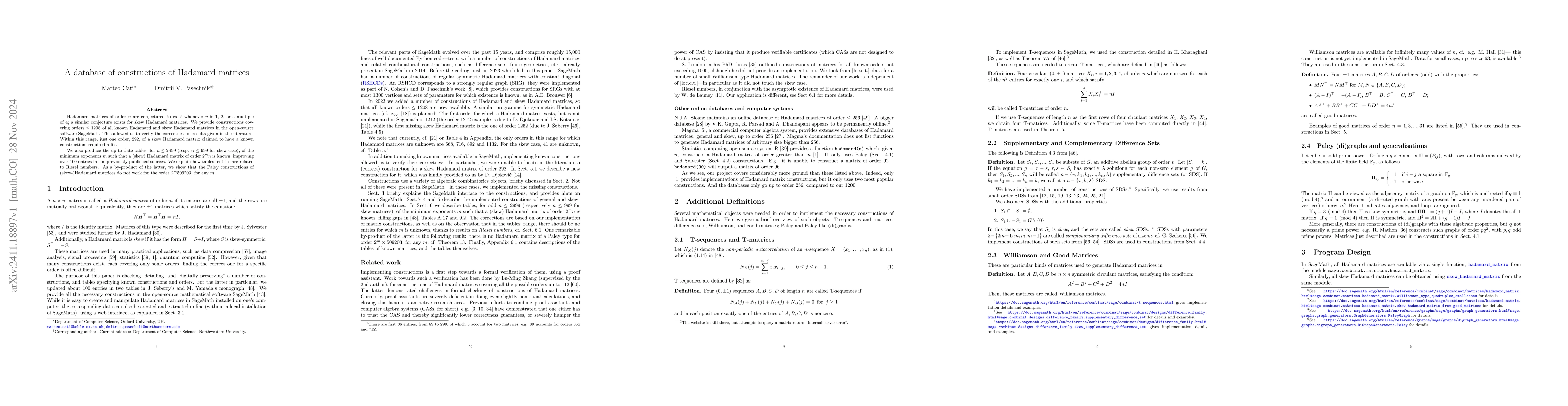Thumbnail for A database of constructions of Hadamard matrices