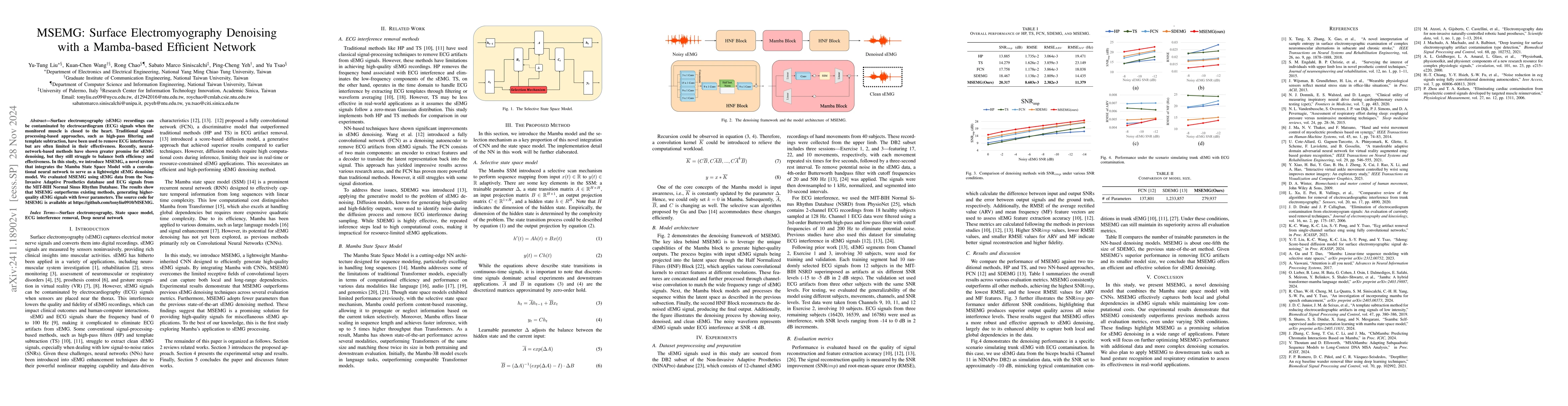 Thumbnail for MSEMG: Surface Electromyography Denoising with a Mamba-based Efficient
  Network