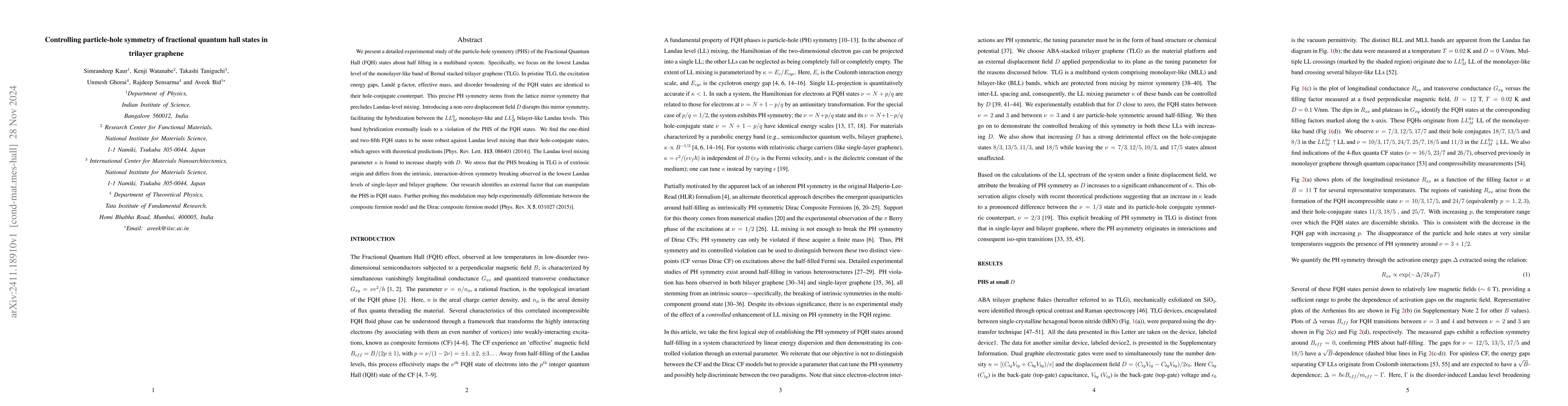 Thumbnail for Controlling particle-hole symmetry of fractional quantum hall states in
  trilayer graphene
