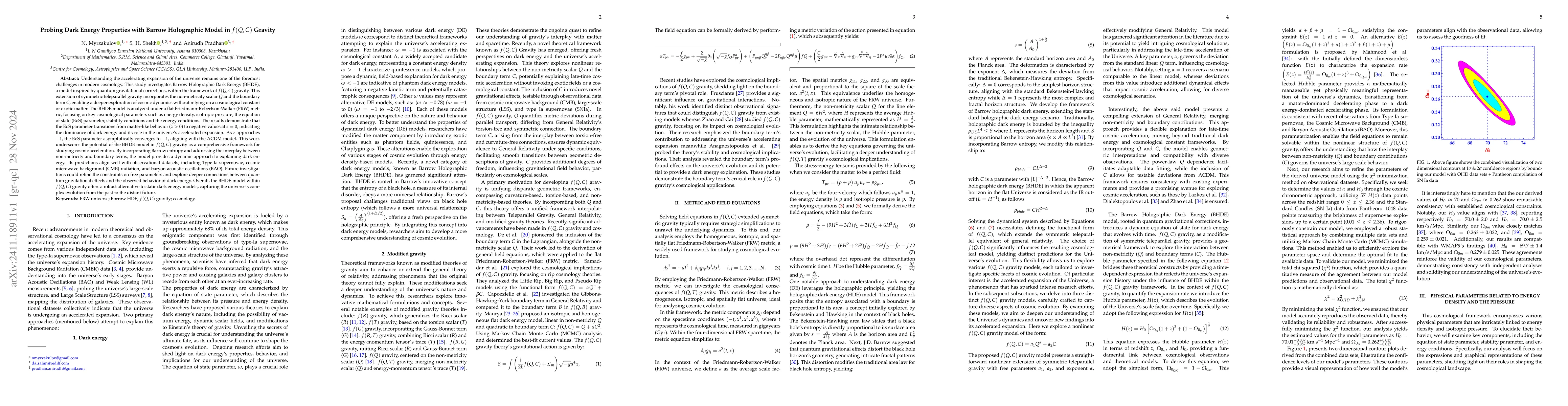 Thumbnail for Probing Dark Energy Properties with Barrow Holographic Model in f(Q, C)
  Gravity