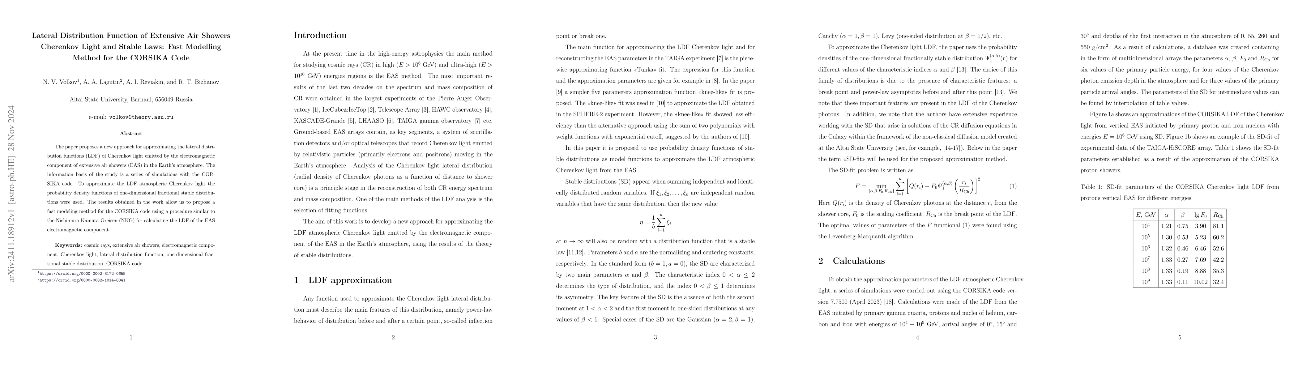Thumbnail for Lateral Distribution Function of Extensive Air Showers Cherenkov Light
  and Stable Laws: Fast Modelling Method for the CORSIKA Code