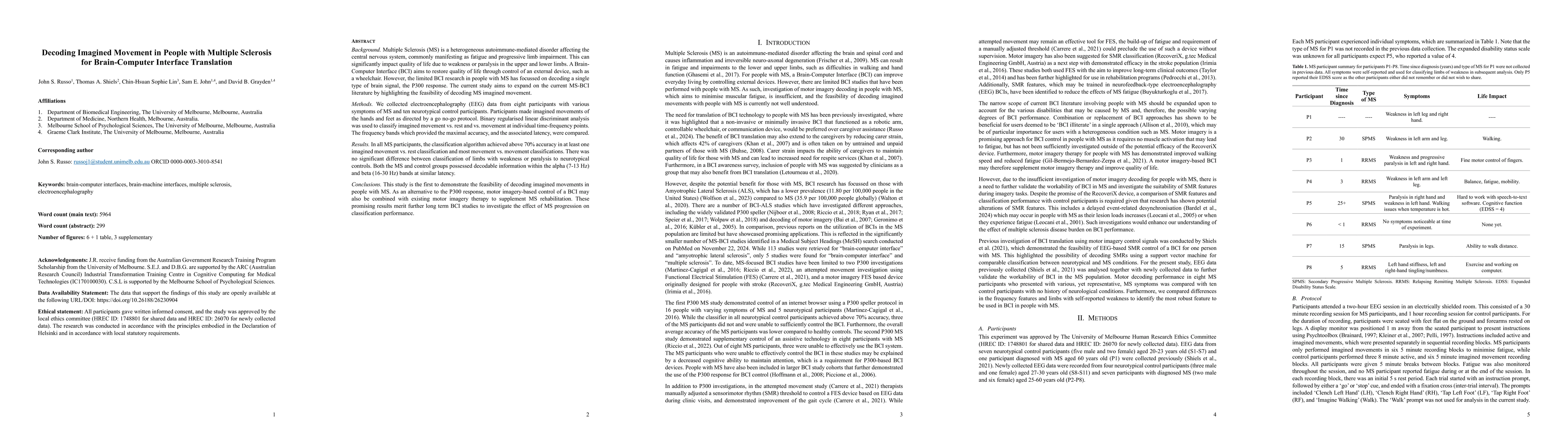 Thumbnail for Decoding Imagined Movement in People with Multiple Sclerosis for
  Brain-Computer Interface Translation