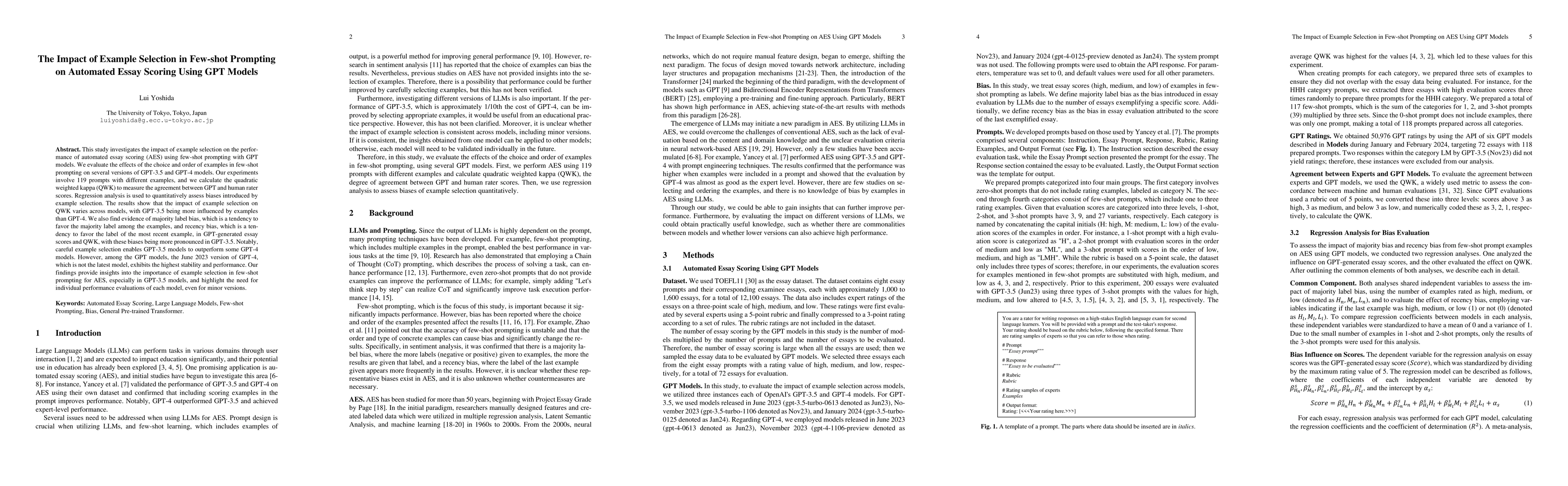 Thumbnail for The Impact of Example Selection in Few-Shot Prompting on Automated Essay
  Scoring Using GPT Models