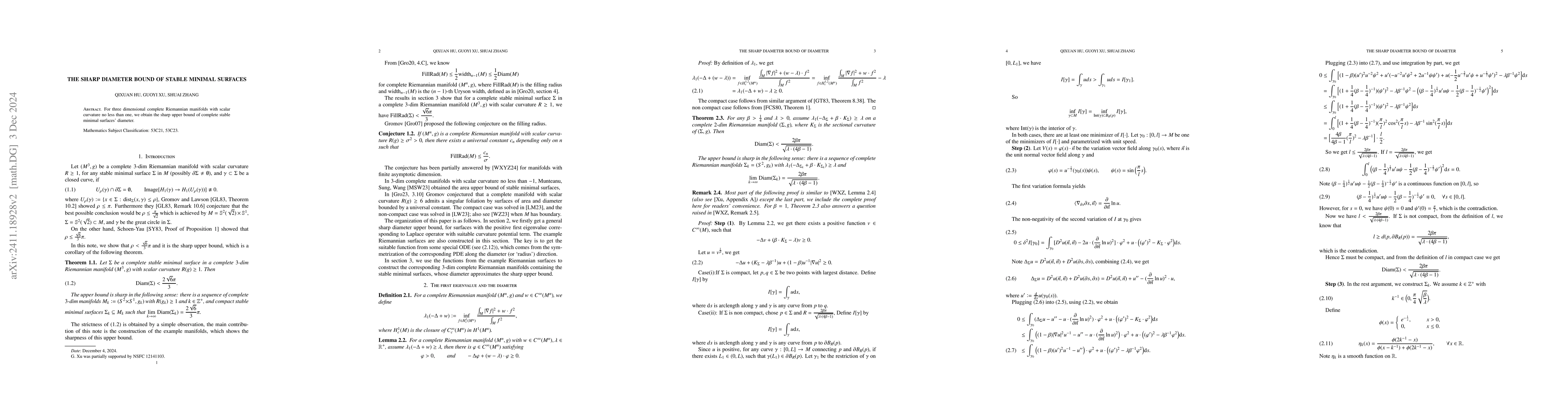Thumbnail for The sharp diameter bound of stable minimal surfaces