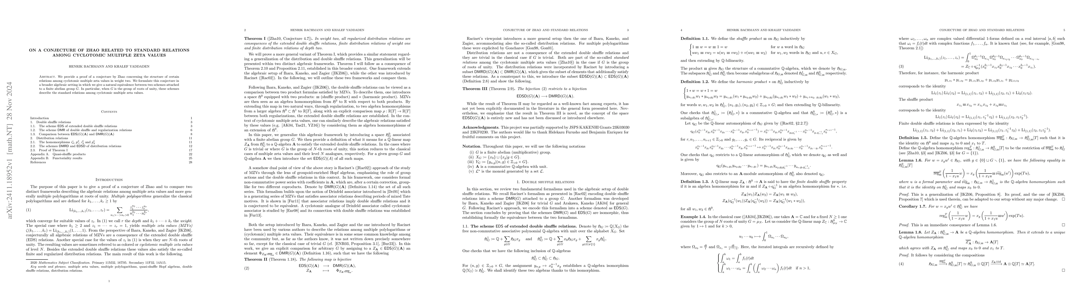 Thumbnail for On a conjecture of Zhao related to standard relations among cyclotomic
  multiple zeta values