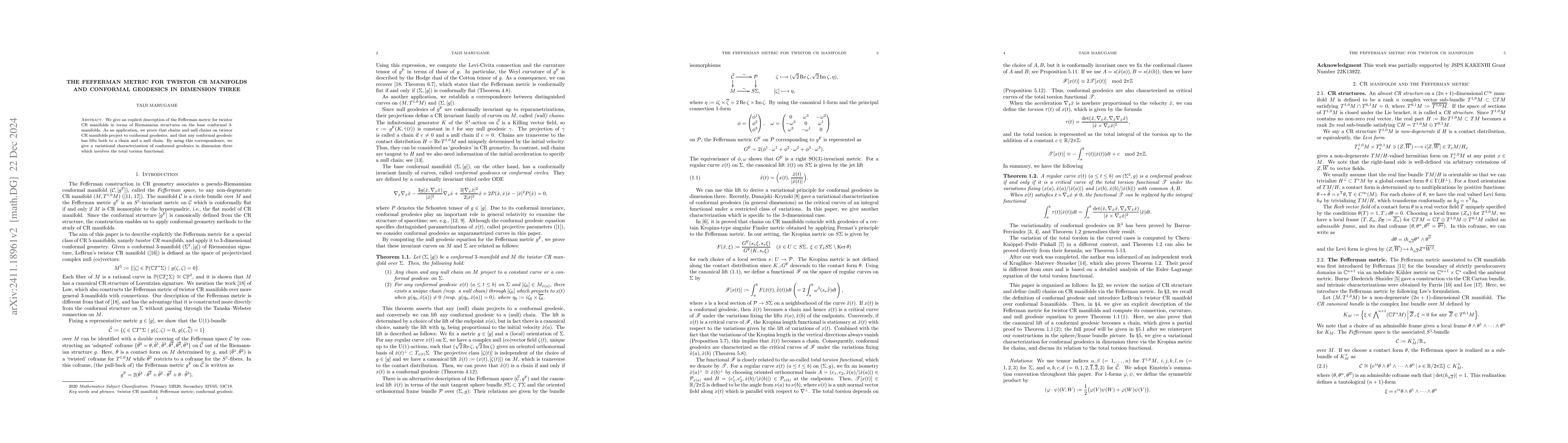 Thumbnail for The Fefferman metric for twistor CR manifolds and conformal geodesics in
  dimension three