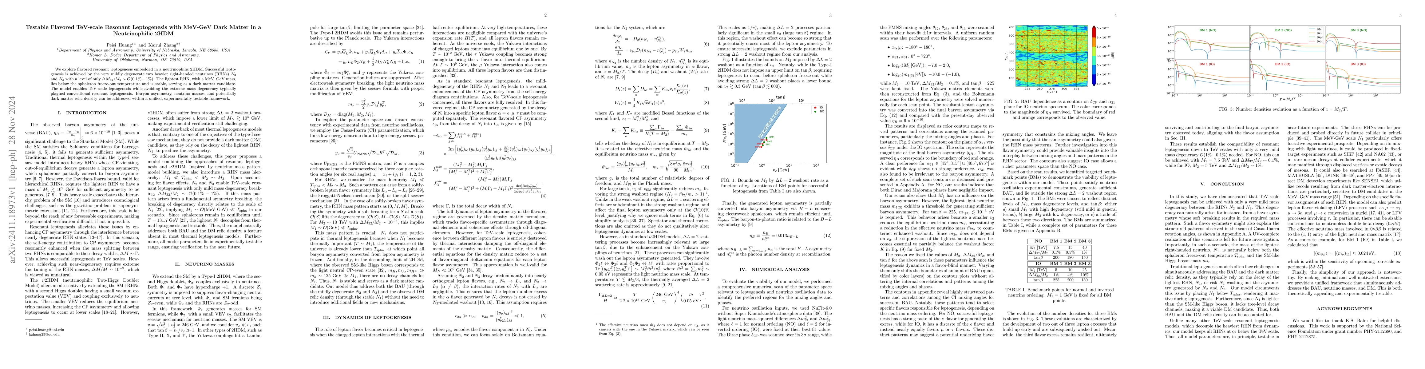 Thumbnail for Testable Flavored TeV-scale Resonant Leptogenesis with MeV-GeV Dark
  Matter in a Neutrinophilic 2HDM