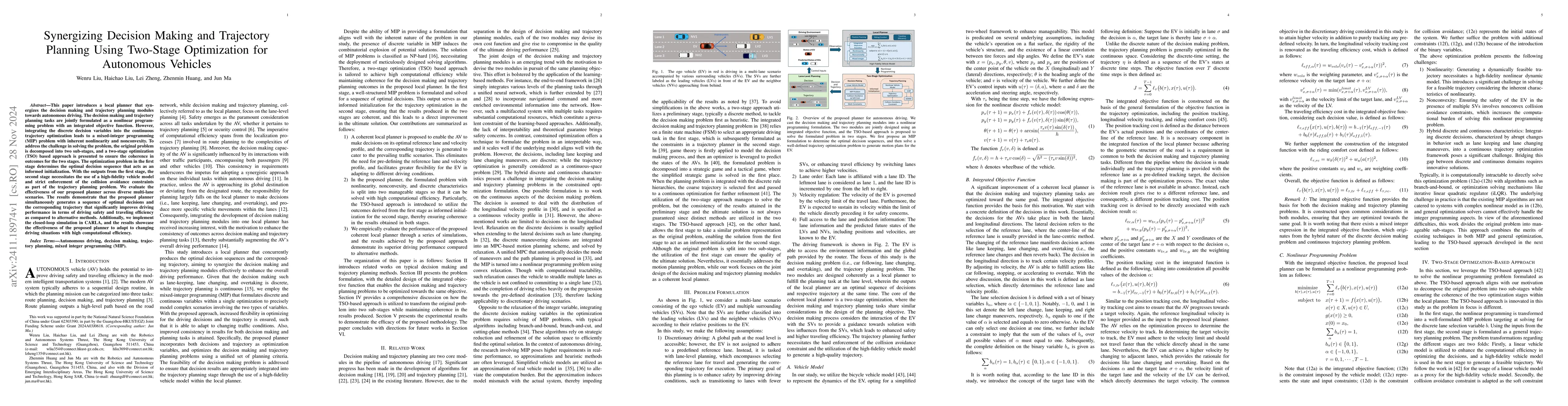 Thumbnail for Synergizing Decision Making and Trajectory Planning Using Two-Stage
  Optimization for Autonomous Vehicles