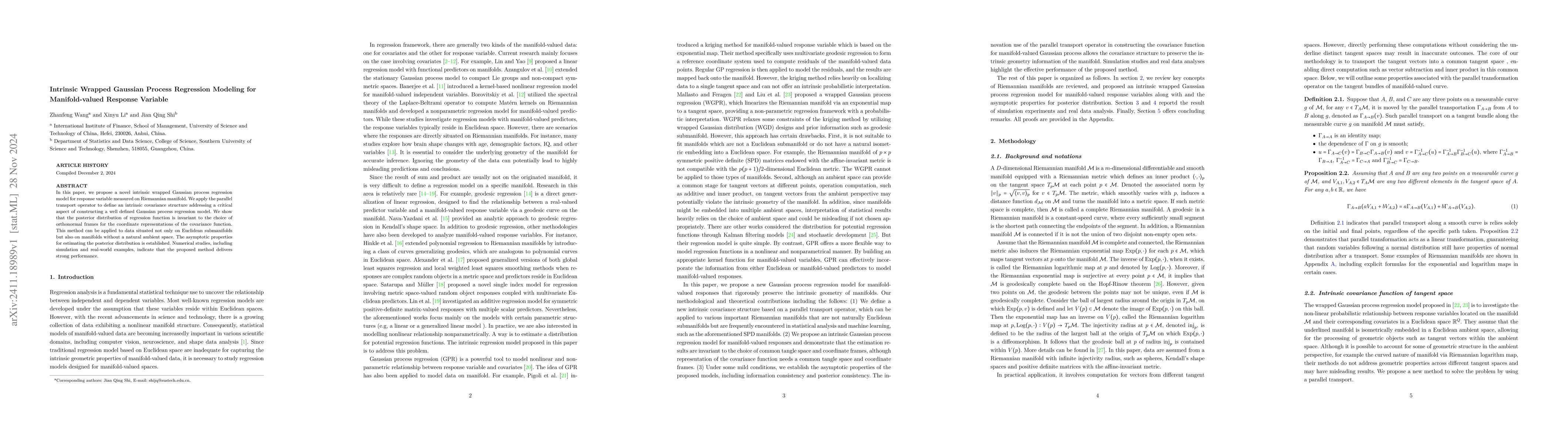 Thumbnail for Intrinsic Wrapped Gaussian Process Regression Modeling for
  Manifold-valued Response Variable