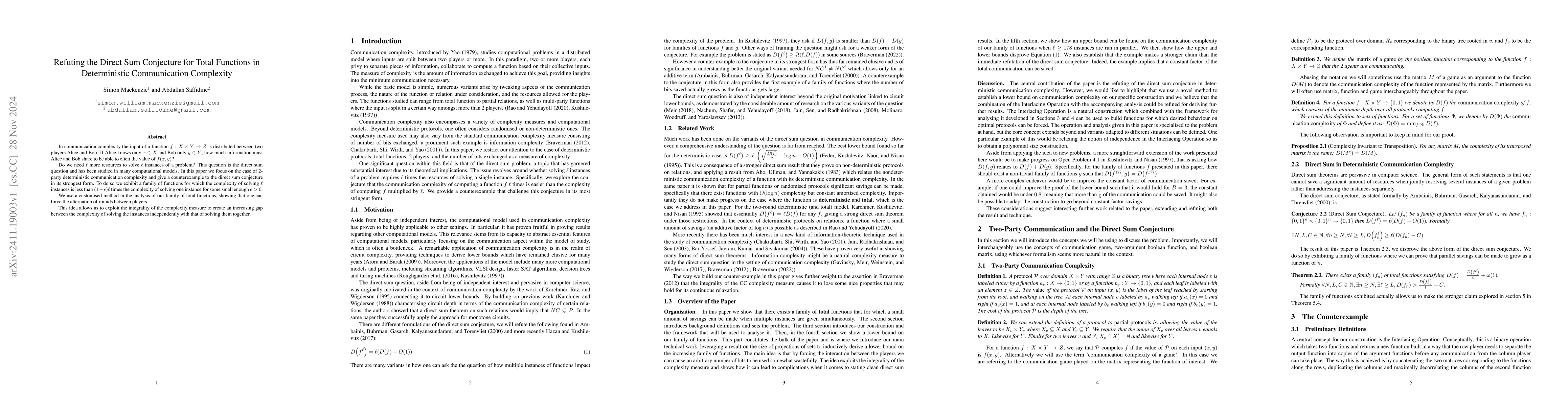 Thumbnail for Refuting the Direct Sum Conjecture for Total Functions in Deterministic
  Communication Complexity