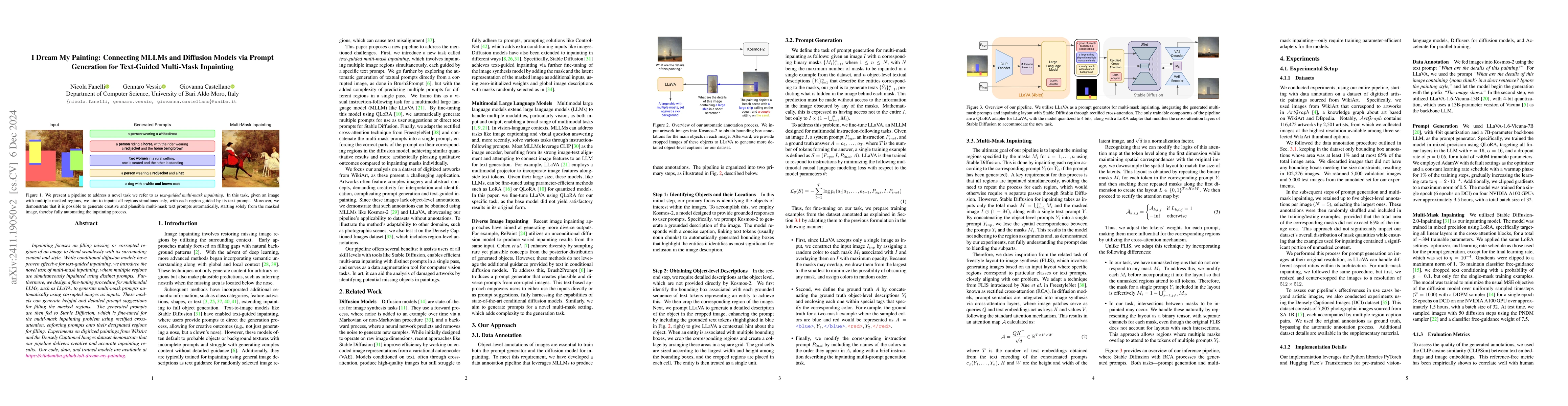 Thumbnail for I Dream My Painting: Connecting MLLMs and Diffusion Models via Prompt
  Generation for Text-Guided Multi-Mask Inpainting