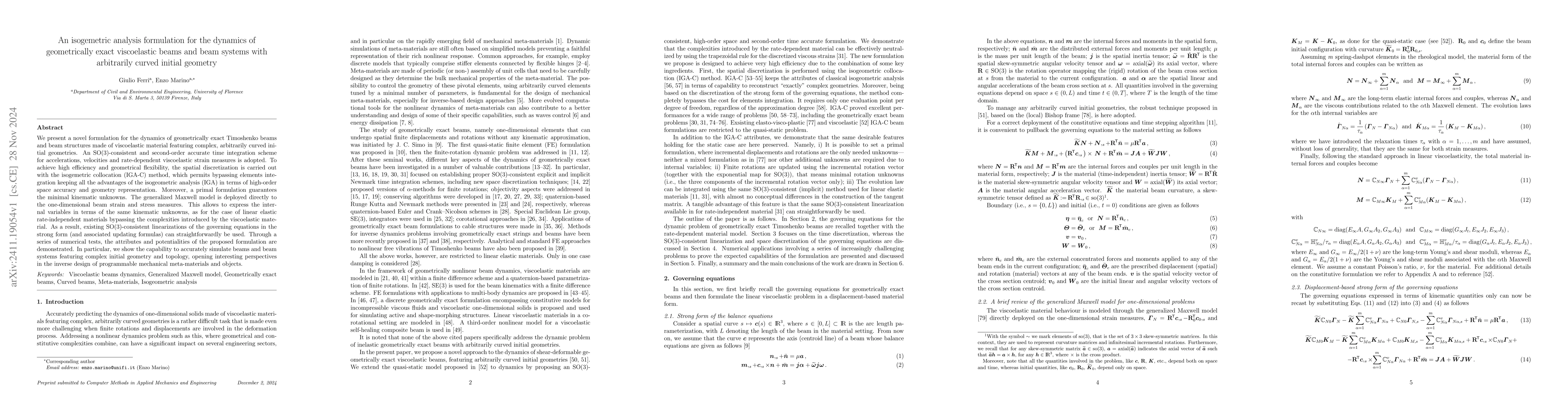 Thumbnail for An isogemetric analysis formulation for the dynamics of geometrically
  exact viscoelastic beams and beam systems with arbitrarily curved initial
  geometry