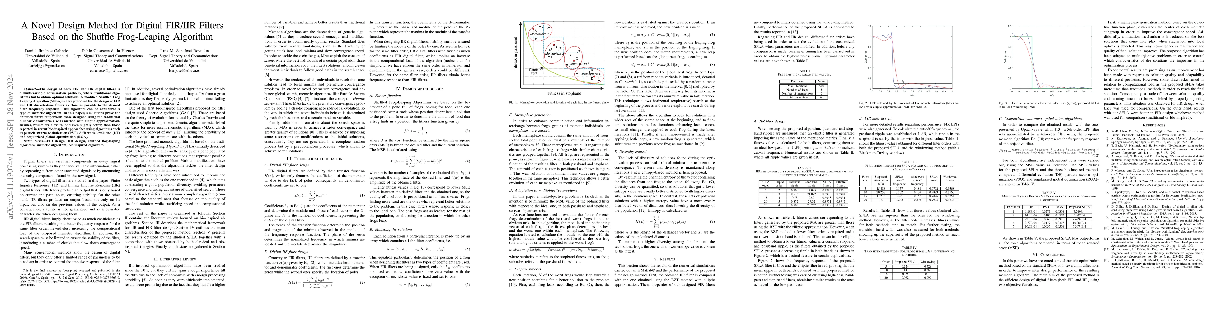 Thumbnail for A Novel Design Method for Digital FIR/IIR Filters Based on the Shuffle
  Frog-Leaping Algorithm