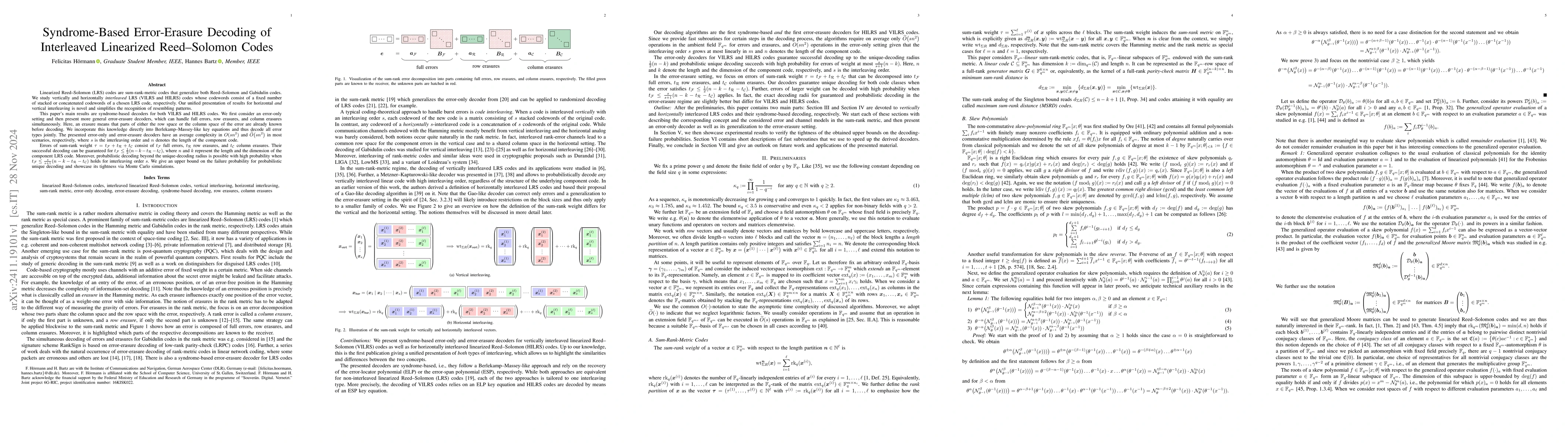 Thumbnail for Syndrome-Based Error-Erasure Decoding of Interleaved Linearized
  Reed-Solomon Codes