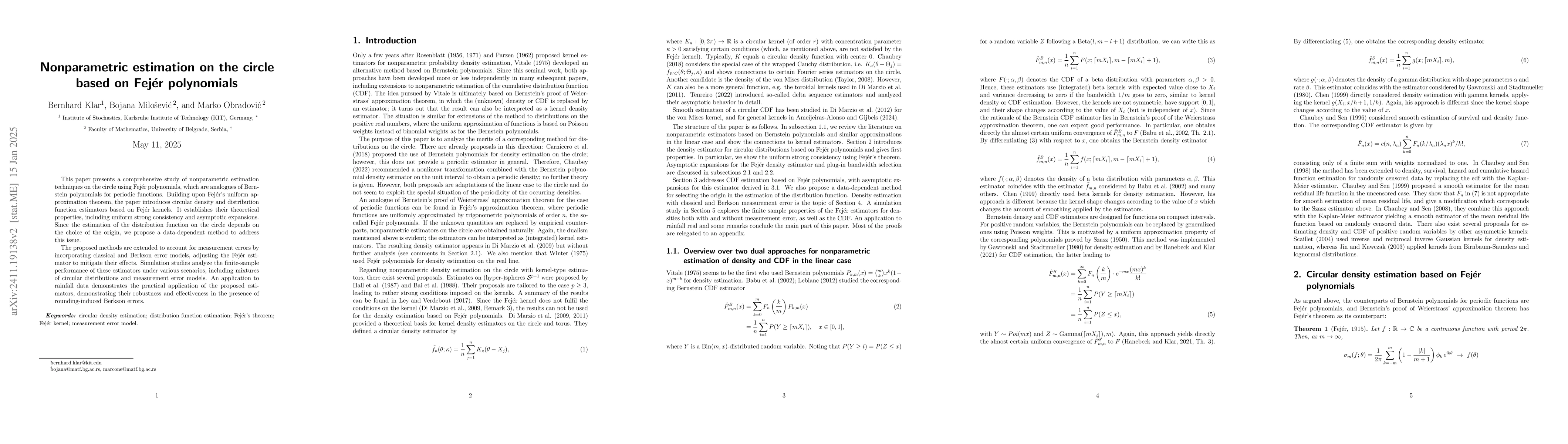 Thumbnail for Nonparametric estimation on the circle based on Fejér polynomials