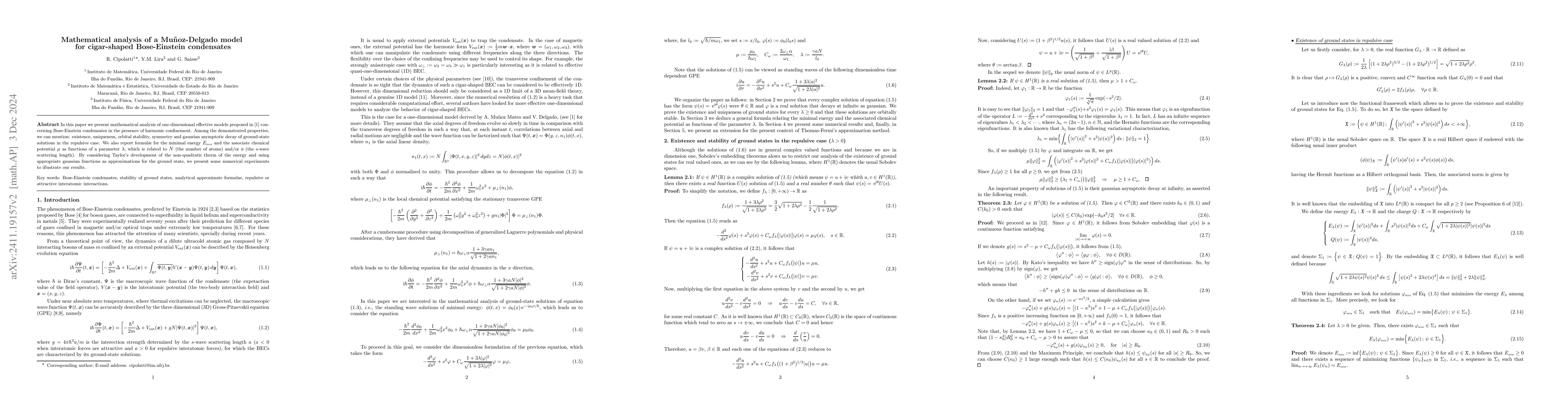 Thumbnail for Mathematical analysis of a Muñoz-Delgado model for cigar-shaped
  Bose-Einstein condensates