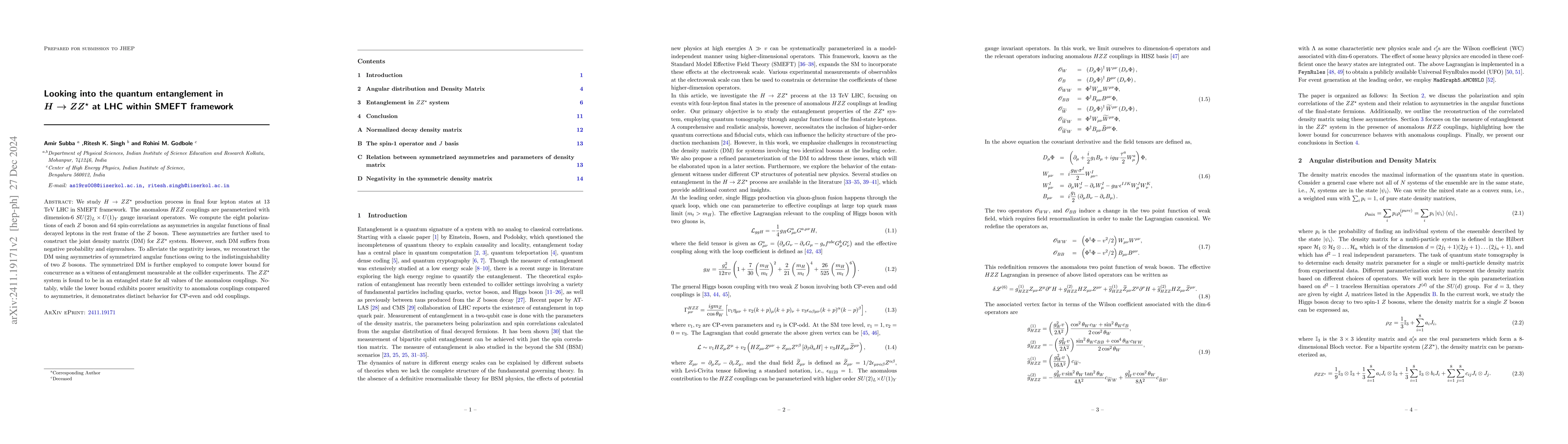Thumbnail for Looking into the quantum entanglement in $H\to ZZ^\star$ at LHC within
  SMEFT framework