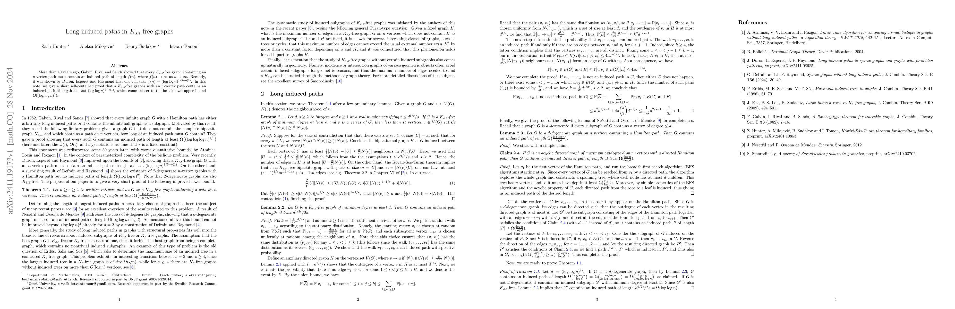 Thumbnail for Long induced paths in $K_{s, s}$-free graphs