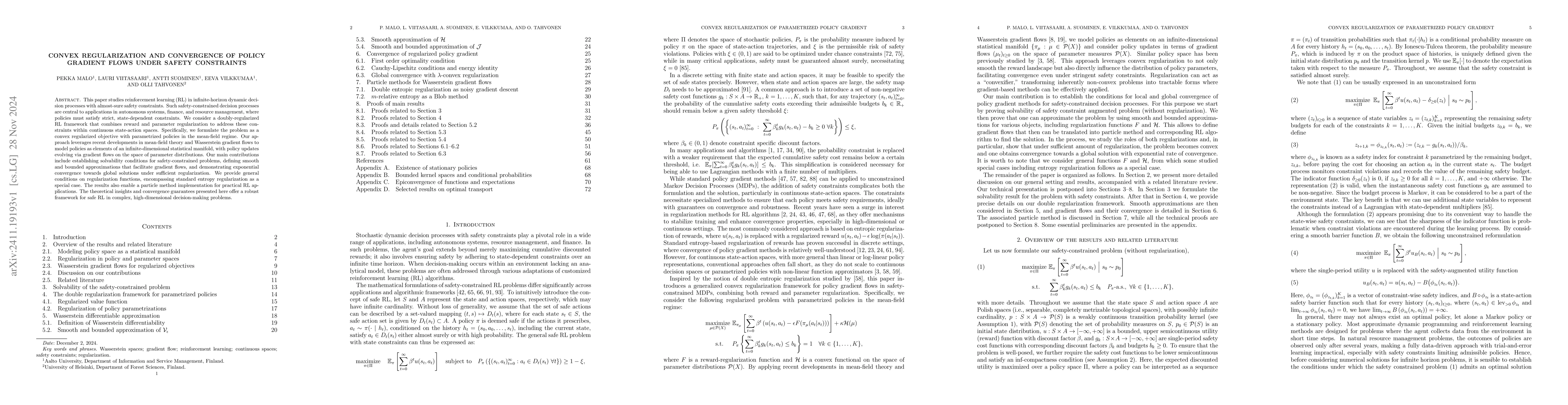 Thumbnail for Convex Regularization and Convergence of Policy Gradient Flows under
  Safety Constraints