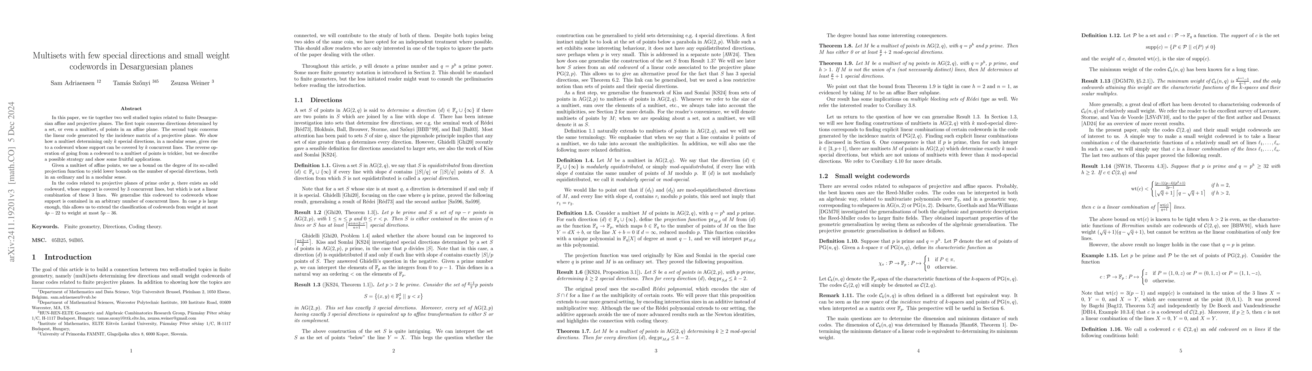Thumbnail for Multisets with few special directions and small weight codewords in
  Desarguesian planes