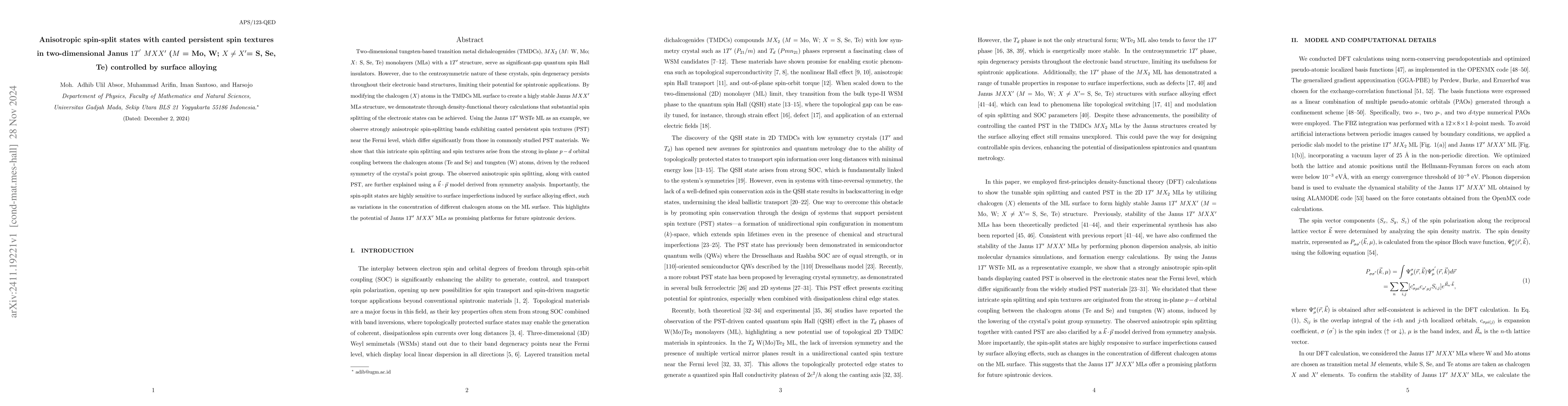 Thumbnail for Anisotropic spin-split states with canted persistent spin textures in
  two-dimensional Janus $1T^{'}$ $MXX'$ ($M$ = Mo, W; $X\neq X'$= S, Se, Te)
  controlled by surface alloying