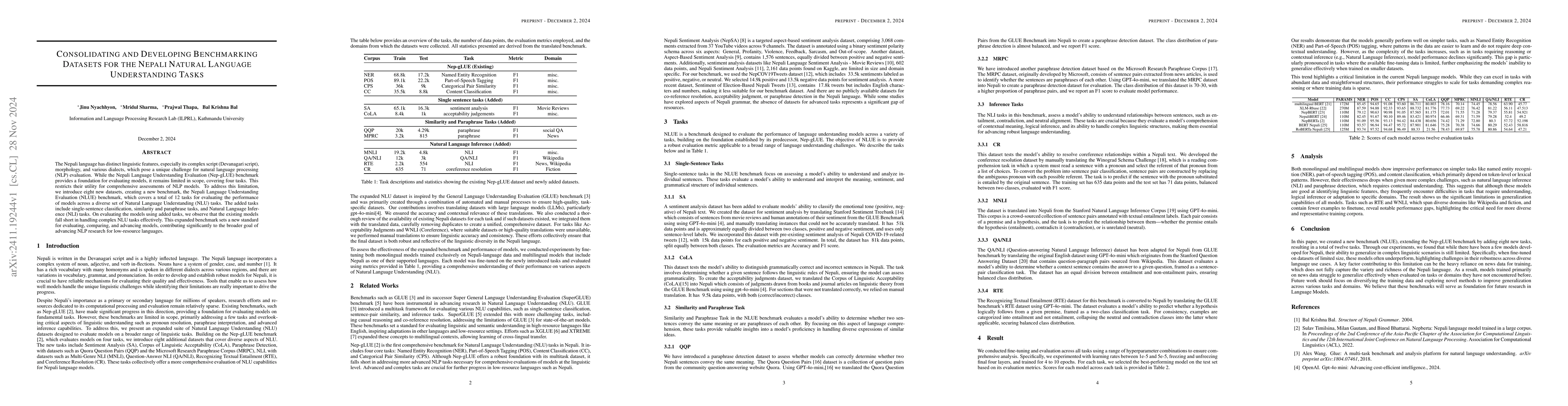 Thumbnail for Consolidating and Developing Benchmarking Datasets for the Nepali
  Natural Language Understanding Tasks