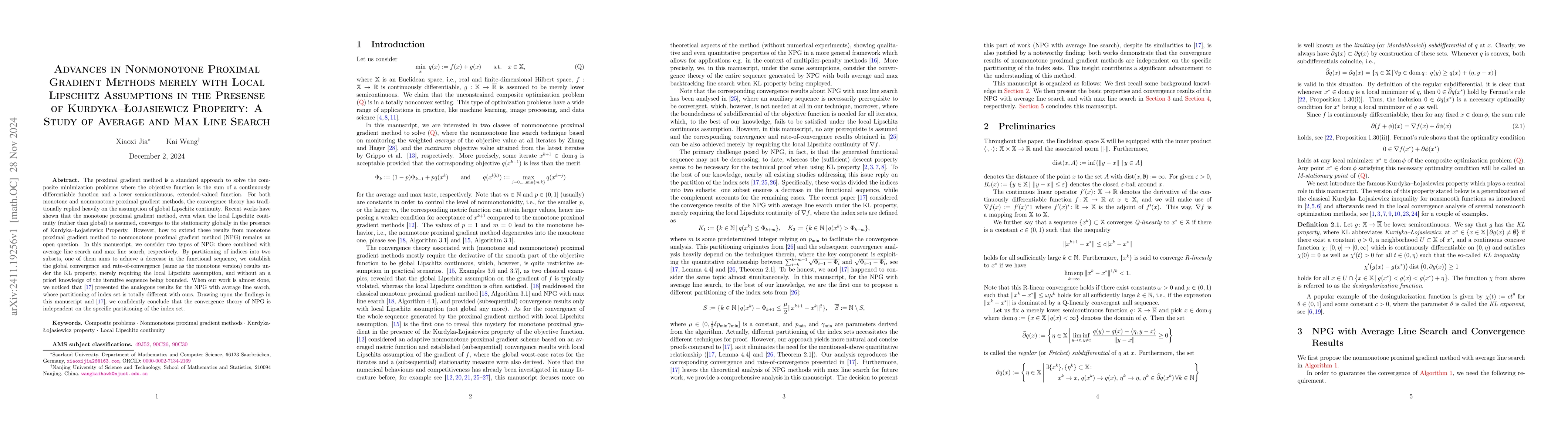 Thumbnail for Advances in Nonmonotone Proximal Gradient Methods merely with Local
  Lipschitz Assumptions in the Presense of Kurdyka-Łojasiewicz Property: A
  Study of Average and Max Line Search