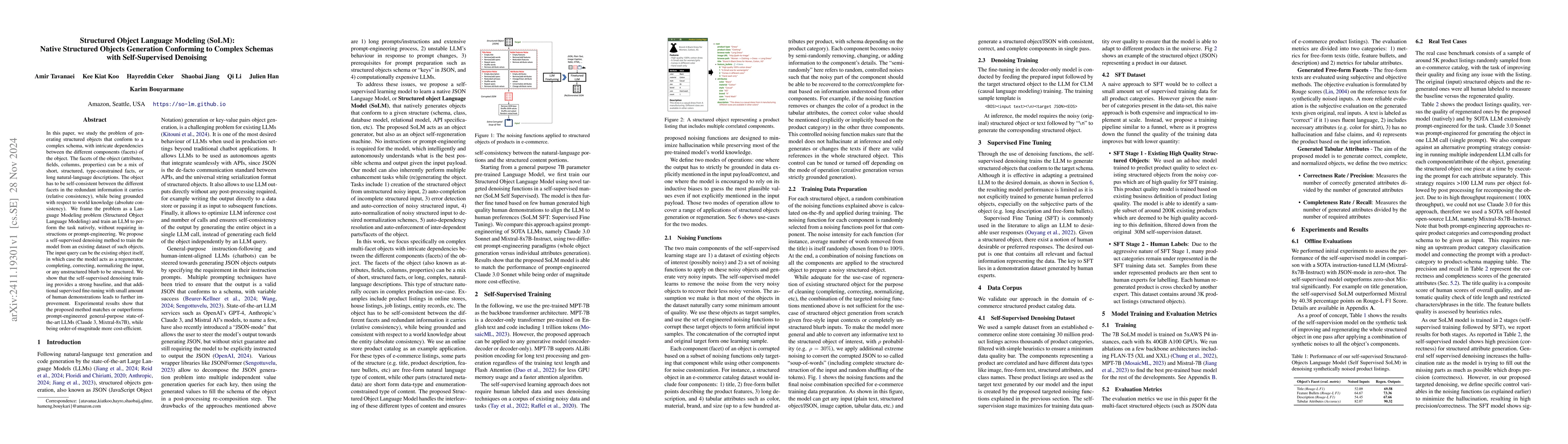 Thumbnail for Structured Object Language Modeling (SoLM): Native Structured Objects
  Generation Conforming to Complex Schemas with Self-Supervised Denoising
