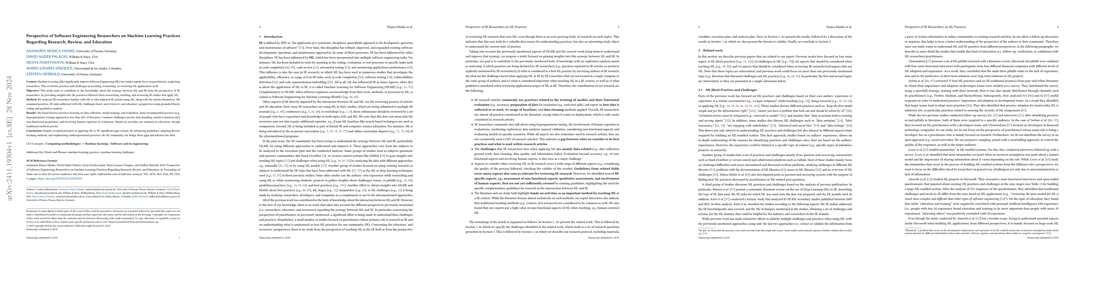 Thumbnail for Perspective of Software Engineering Researchers on Machine Learning
  Practices Regarding Research, Review, and Education