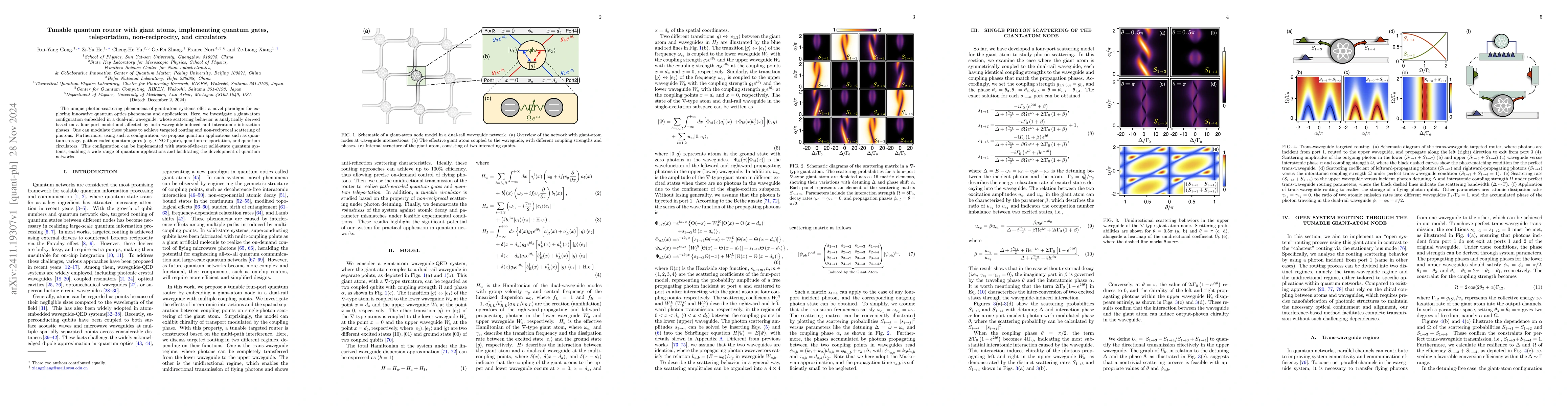 Thumbnail for Tunable quantum router with giant atoms, implementing quantum gates,
  teleportation, non-reciprocity, and circulators