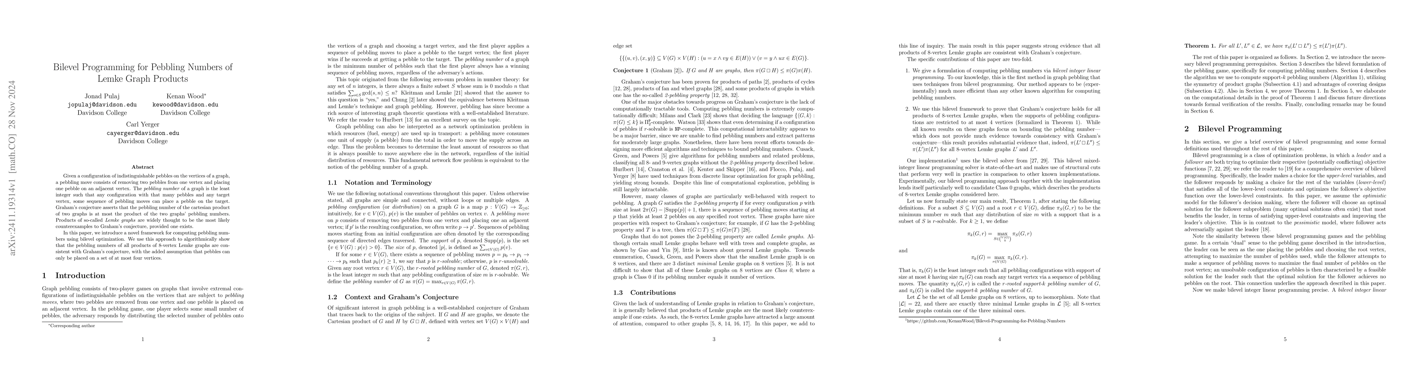 Thumbnail for Bilevel Programming for Pebbling Numbers of Lemke Graph Products