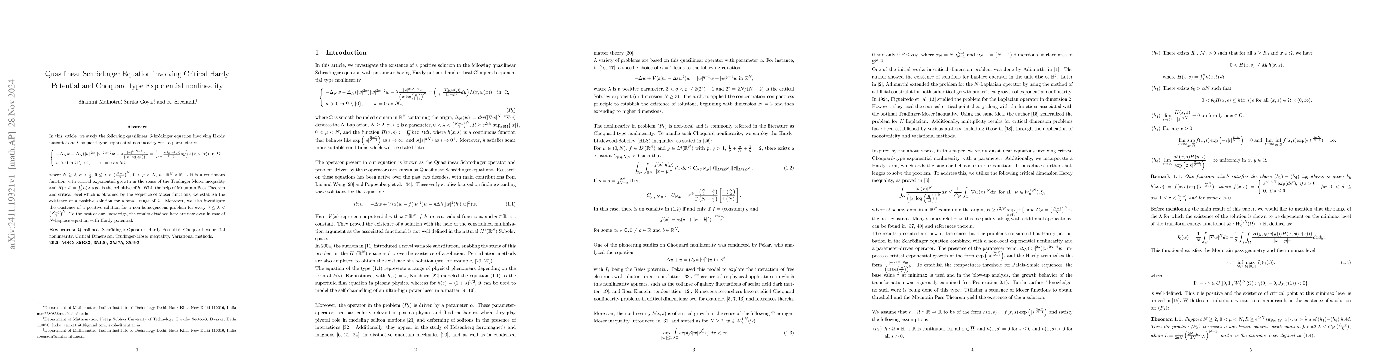 Thumbnail for Quasilinear Schrödinger Equation involving Critical Hardy Potential
  and Choquard type Exponential nonlinearity