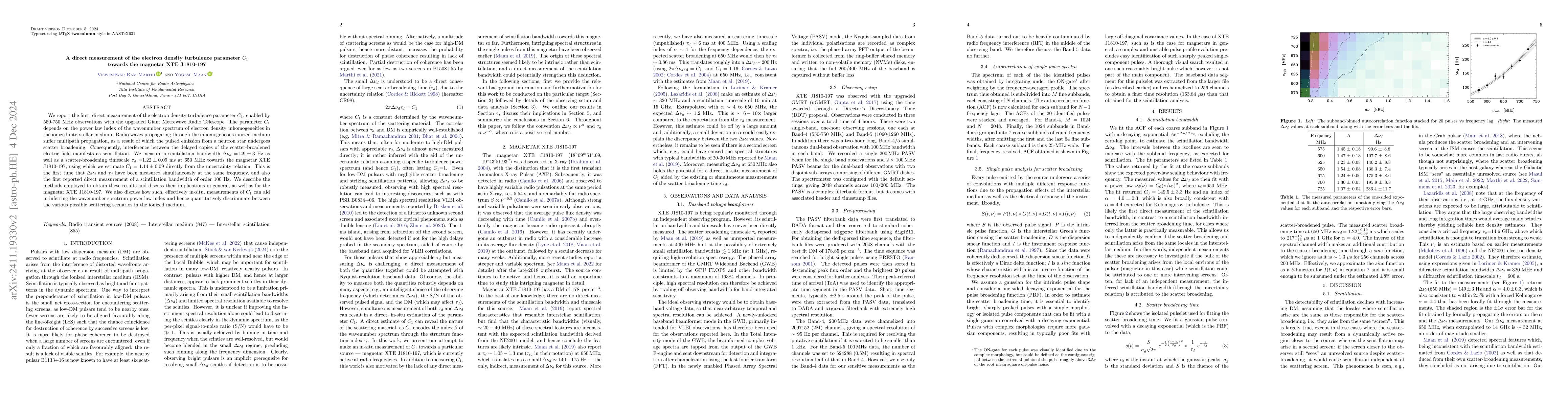Thumbnail for A direct measurement of the electron density turbulence parameter $C_1$
  towards the magnetar XTE J1810-197